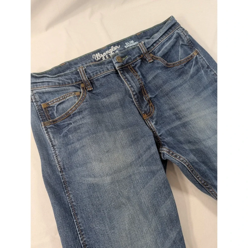Wrangler Jeans Mens 34x30 Retro Slim Straight Blue Cotton Stretch Cowboy Rancher